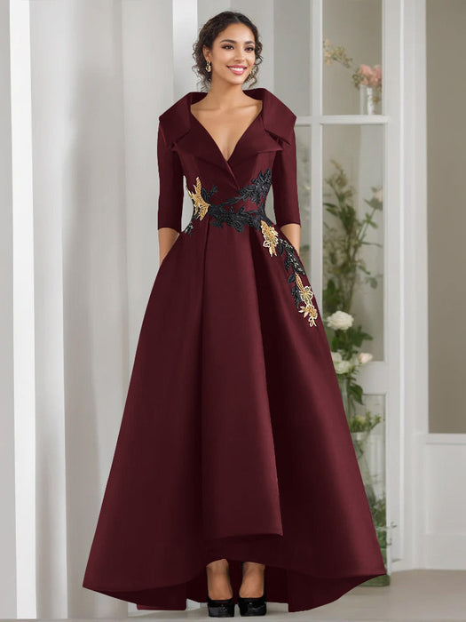 V-Neck A-Line Princess Floor-Length Mother of the Bride Dress with 3/4 Sleeves Appliques and Beading