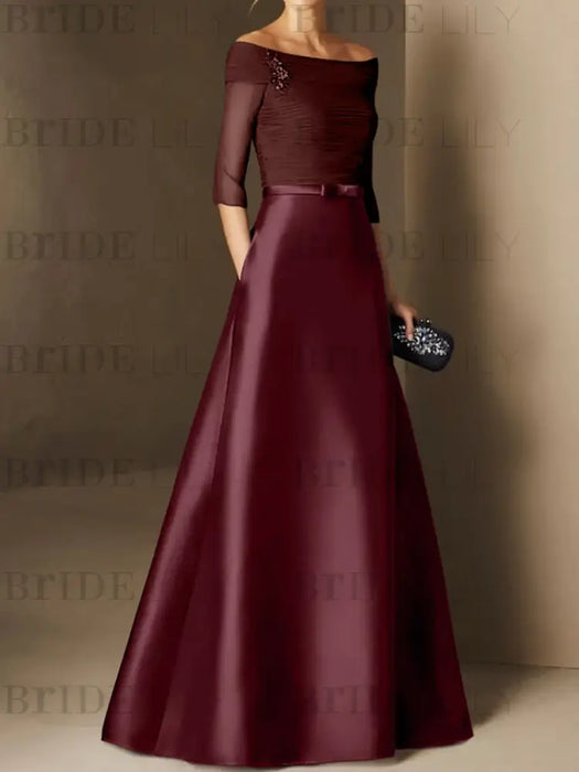 Short-Sleeve Off-the-Shoulder A-Line Mother of the Bride Dress with Belt Applique