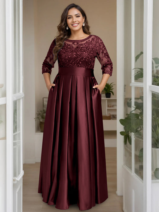 Cabernet Plus Size Floor-Length Mother of the Bride A-Line Dress with 3/4 Sleeves Scoop Neck Bow & Sequins
