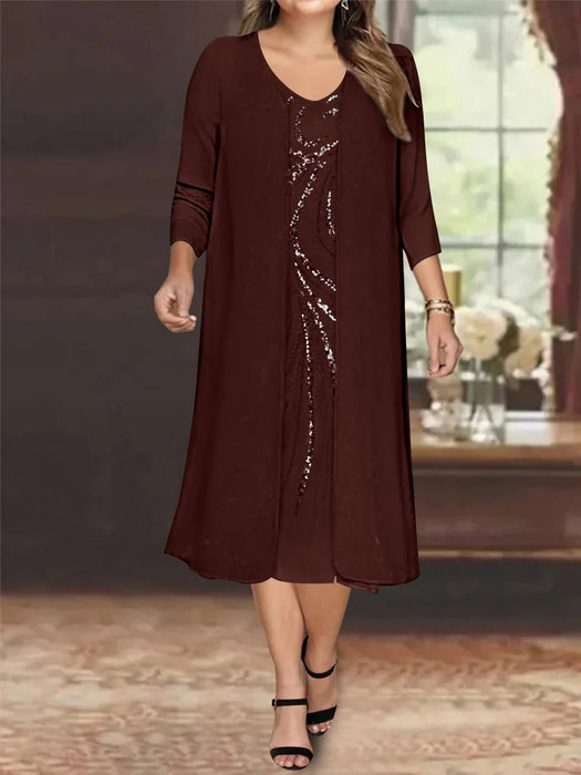 Cabernet V-Neck Long-Sleeve Tea-Length Plus Size Mother of the Bride Dress with Jacket and Sequins