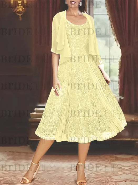 Princess A-Line Tea-Length Mother of the Bride Dress with Scoop Neck Half Sleeves Appliques and Jacket