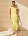 Unique Off-the-Shoulder Tea-Length Mother of the Bride Dress with Short Sleeves and Feathers