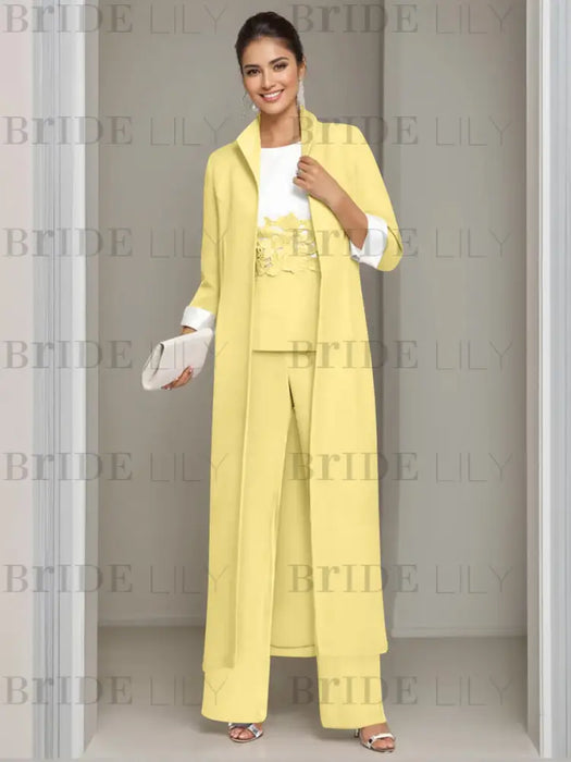 Ankle-Length Mother of the Bride Pantsuits in 3 Pieces Featuring Square Neck Jacket & Lace Appliques