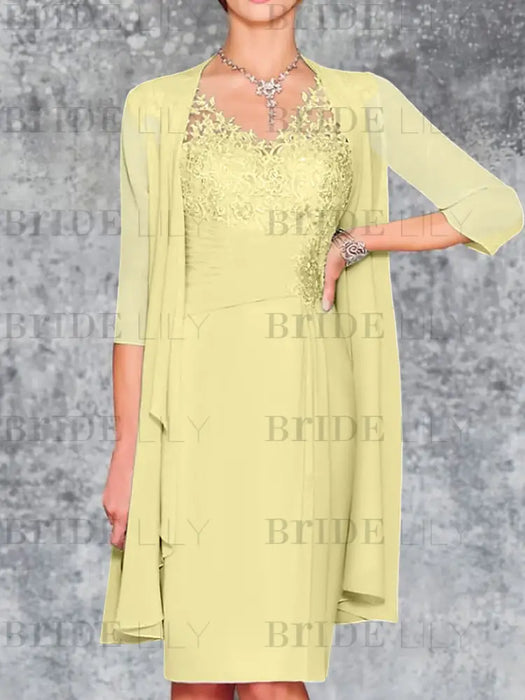 Canary Knee-Length V-Neck Sheath/Column Mother of the Bride Dresses