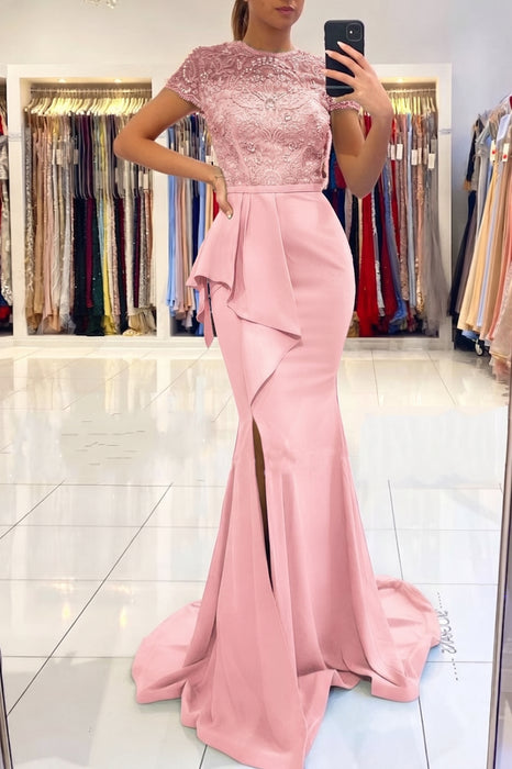 CandyPink Short Sleeve Lace Mermaid Prom Dress with Slit