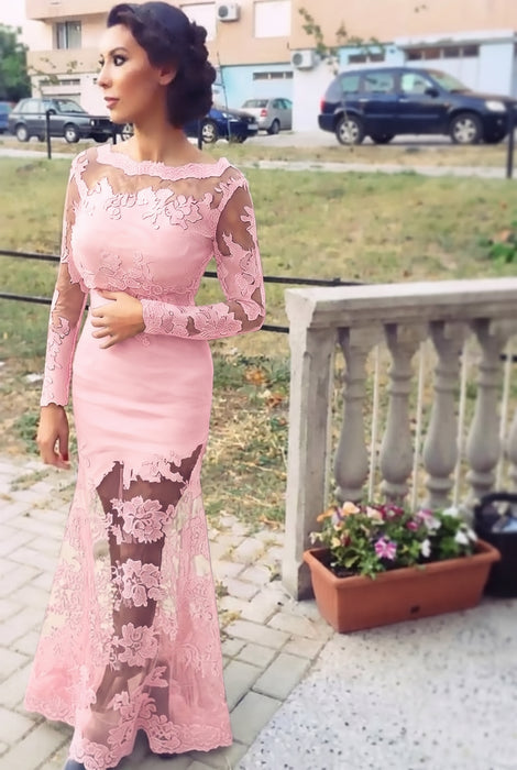 Candy Pink Trumpet/Mermaid Bateau Long Sleeves Applique Lace Dresses - Prom Dresses