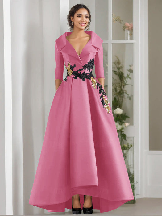 V-Neck A-Line Princess Floor-Length Mother of the Bride Dress with 3/4 Sleeves Appliques and Beading