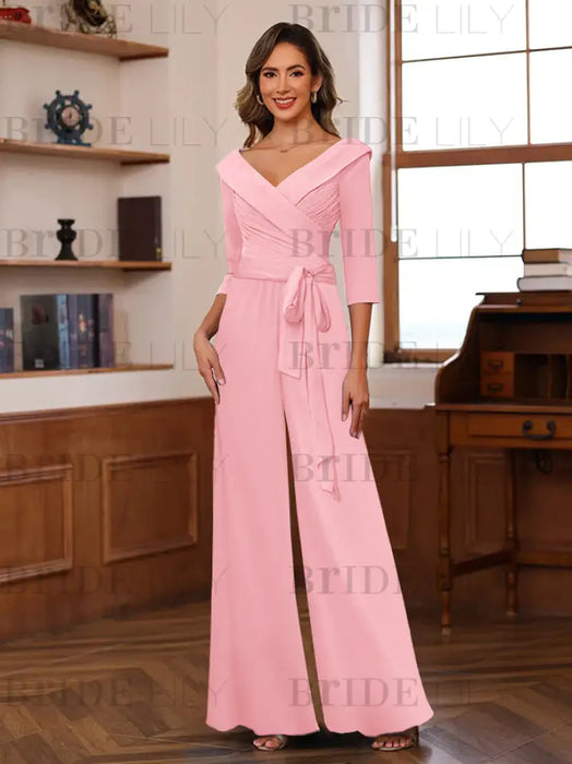 V-Neck Chiffon Jumpsuit with Ruched Detail and 3/4 Sleeves for the Mother