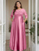 Candy Pink Plus Size Floor-Length Mother of the Bride A-Line Dress with 3/4 Sleeves Scoop Neck Bow & Sequins