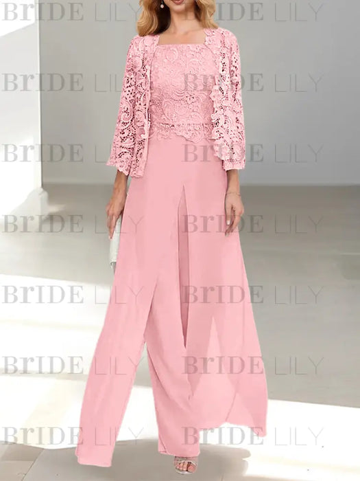Floor-Length Square Neck Chiffon Mother of the Bride Pantsuit with Jacket & Side Split