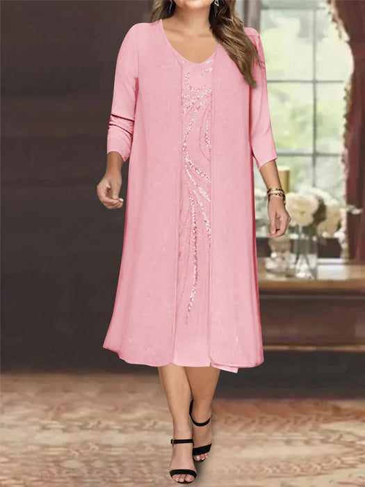 Candy Pink V-Neck Long-Sleeve Tea-Length Plus Size Mother of the Bride Dress with Jacket and Sequins