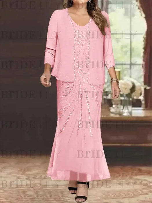 Plus Size V-Neck Ankle-Length Sheath/Column Mother of the Bride Dresses with Sequins & Jacket