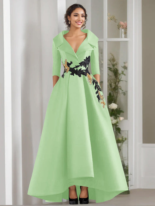 V-Neck A-Line Princess Floor-Length Mother of the Bride Dress with 3/4 Sleeves Appliques and Beading
