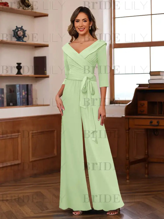 V-Neck Chiffon Jumpsuit with Ruched Detail and 3/4 Sleeves for the Mother