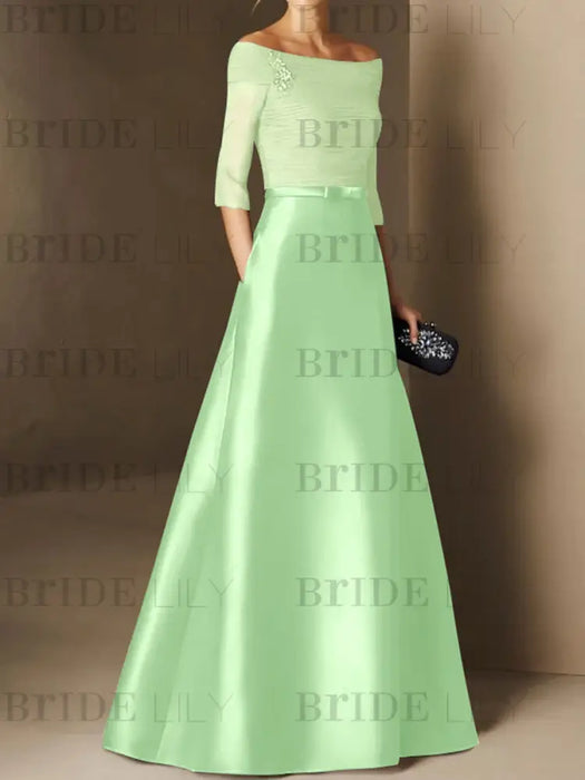 Short-Sleeve Off-the-Shoulder A-Line Mother of the Bride Dress with Belt Applique