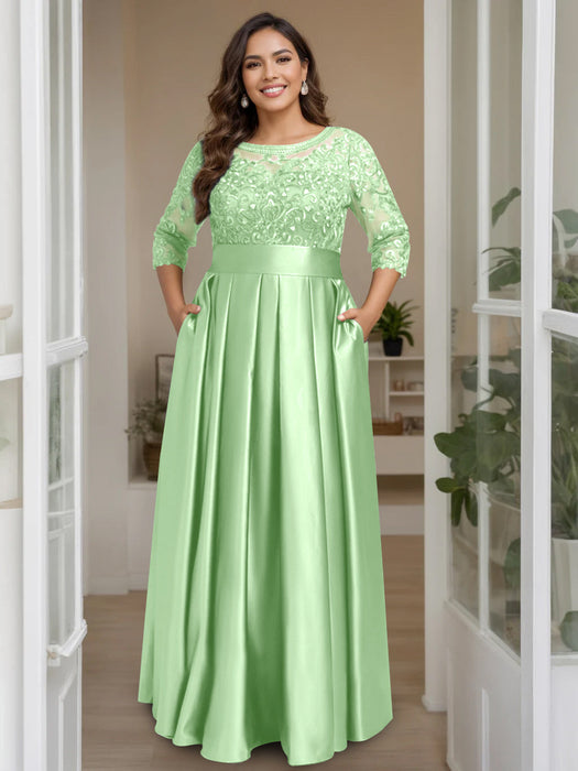 Celadon Plus Size Floor-Length Mother of the Bride A-Line Dress with 3/4 Sleeves Scoop Neck Bow & Sequins