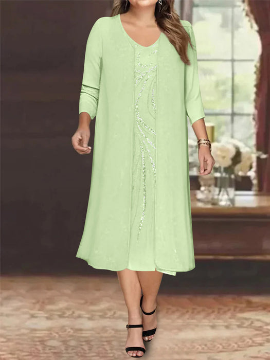 Celadon V-Neck Long-Sleeve Tea-Length Plus Size Mother of the Bride Dress with Jacket and Sequins