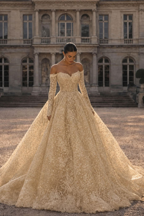 Champagne Glitter Lace Ball Gown Wedding Dress with Sleeves Off-the-Shoulder Sweetheart Corset Bridal Gown