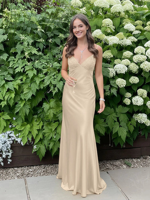 Champagne V-neck Beaded Satin A Line Prom Dress