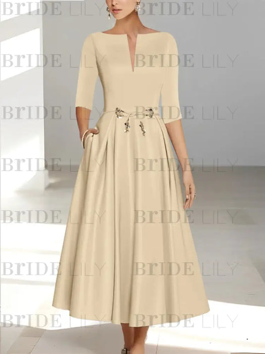 Ankle-Length Mother of the Bride A-Line Dress with Half Sleeves and Pockets