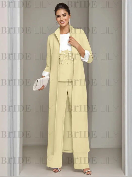 Ankle-Length Mother of the Bride Pantsuits in 3 Pieces Featuring Square Neck Jacket & Lace Appliques
