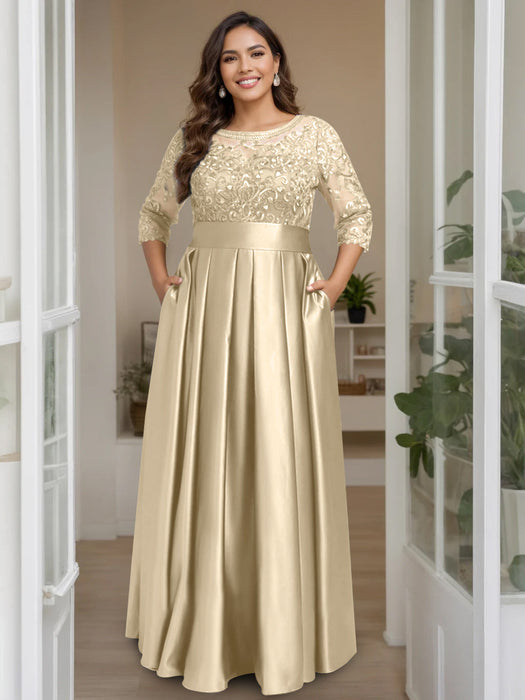 Champagne Plus Size Floor-Length Mother of the Bride A-Line Dress with 3/4 Sleeves Scoop Neck Bow & Sequins