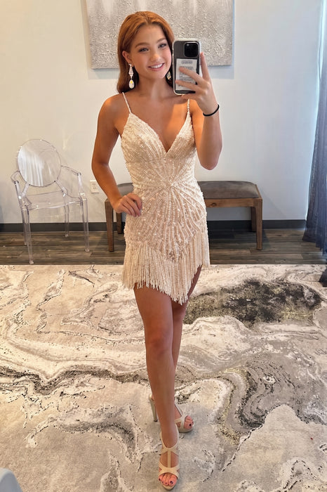 Champagne Sparkly Beaded Tight Short Homecoming Dress with Fringes