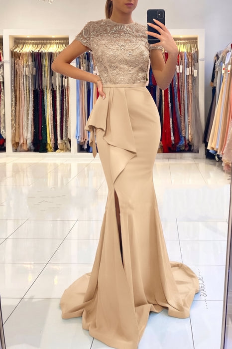 Champagne Short Sleeve Lace Mermaid Prom Dress with Slit