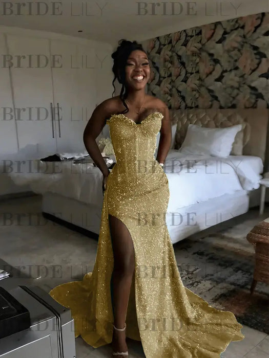 Champagne Sparkly Strapless Mermaid Sequined Prom Dress with Slit
