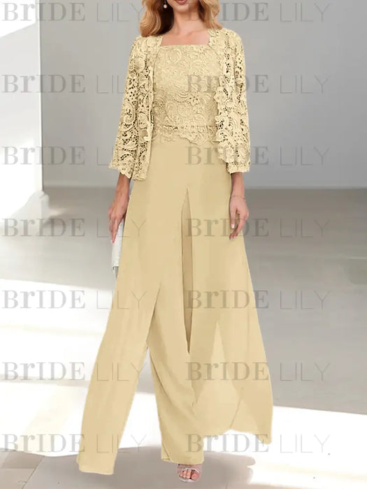 Floor-Length Square Neck Chiffon Mother of the Bride Pantsuit with Jacket & Side Split