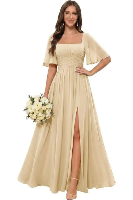 Square Neck Ruffle Sleeve Chiffon Bridesmaid Dress with Slit