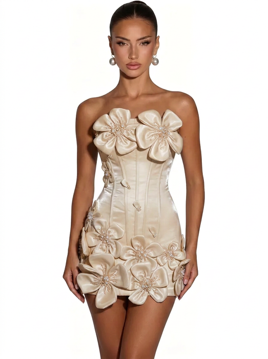 3D Floral Corset Strapless Mini Homecoming Dress with Crystal
