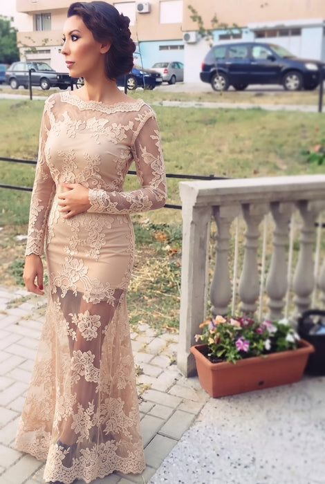 Champagne Trumpet/Mermaid Bateau Long Sleeves Applique Lace Dresses - Prom Dresses