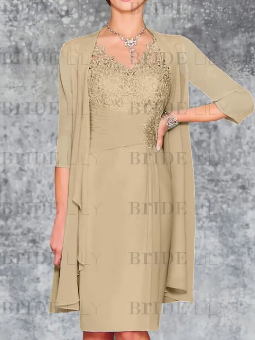 Champagne Knee-Length V-Neck Sheath/Column Mother of the Bride Dresses