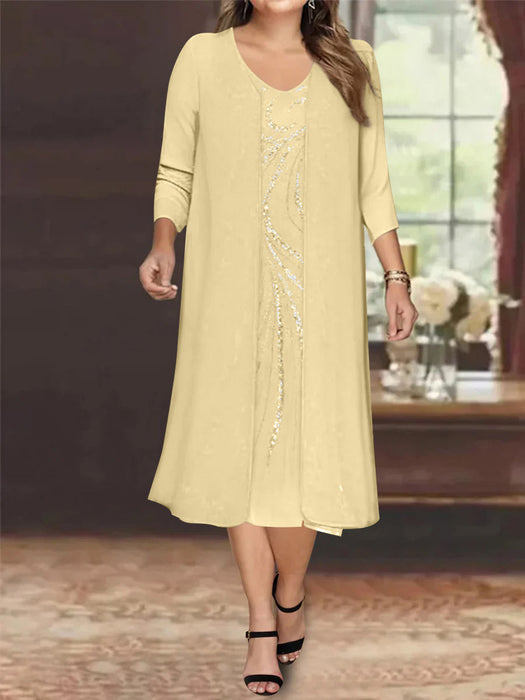 Champagne V-Neck Long-Sleeve Tea-Length Plus Size Mother of the Bride Dress with Jacket and Sequins