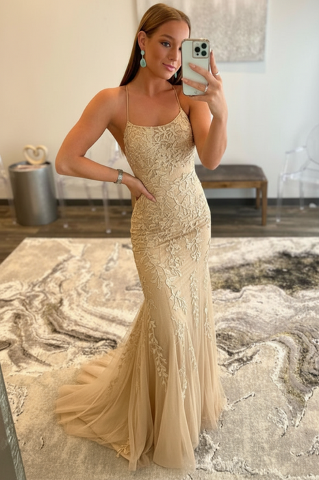 Champagne Gold Lace Mermaid Backless Long Prom Dresses