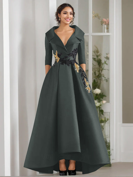 V-Neck A-Line Princess Floor-Length Mother of the Bride Dress with 3/4 Sleeves Appliques and Beading