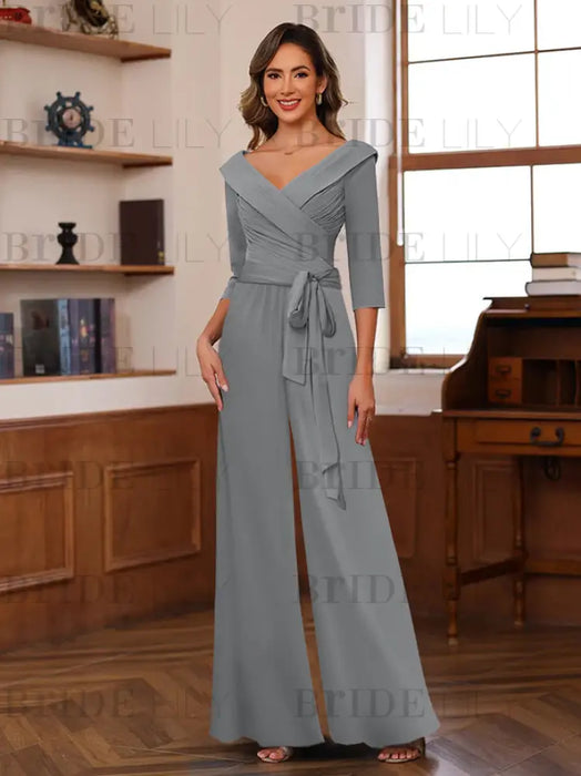 V-Neck Chiffon Jumpsuit with Ruched Detail and 3/4 Sleeves for the Mother