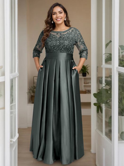 Charcoal Gray Plus Size Floor-Length Mother of the Bride A-Line Dress with 3/4 Sleeves Scoop Neck Bow & Sequins