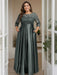 Charcoal Gray Plus Size Floor-Length Mother of the Bride A-Line Dress with 3/4 Sleeves Scoop Neck Bow & Sequins