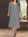 Grey V-Neck Long-Sleeve Tea-Length Plus Size Mother of the Bride Dress with Jacket and Sequins