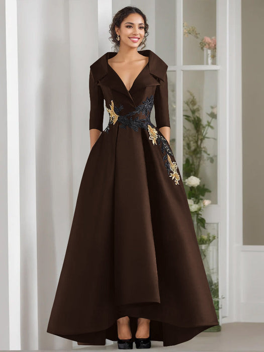 V-Neck A-Line Princess Floor-Length Mother of the Bride Dress with 3/4 Sleeves Appliques and Beading