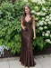 Chocolate V-neck Beaded Satin A Line Prom Dress