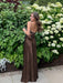 Chocolate V-neck Beaded Satin A Line Prom Dress