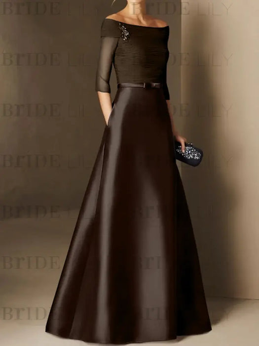 Short-Sleeve Off-the-Shoulder A-Line Mother of the Bride Dress with Belt Applique