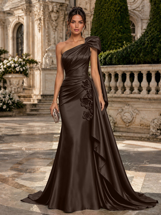 Chocolate One Shoulder Satin Mermaid Evening Dresses with 3D Flowers