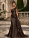 Chocolate One Shoulder Satin Mermaid Evening Dresses with 3D Flowers