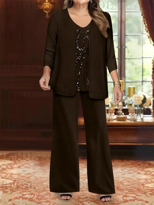 Plus Size 3-Piece Mother of the Bride Chiffon Pantsuit with V-Neck Floor-Length Jacket & Sequins
