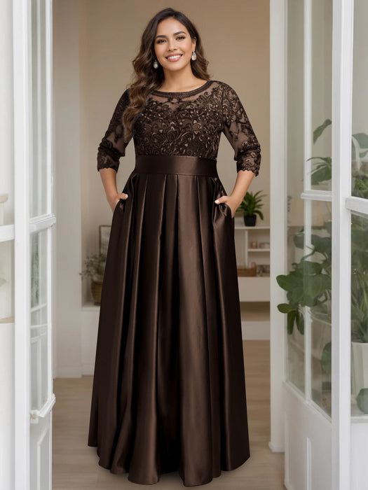 Chocolate Plus Size Floor-Length Mother of the Bride A-Line Dress with 3/4 Sleeves Scoop Neck Bow & Sequins