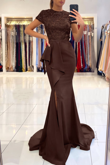Chocolate Short Sleeve Lace Mermaid Prom Dress with Slit